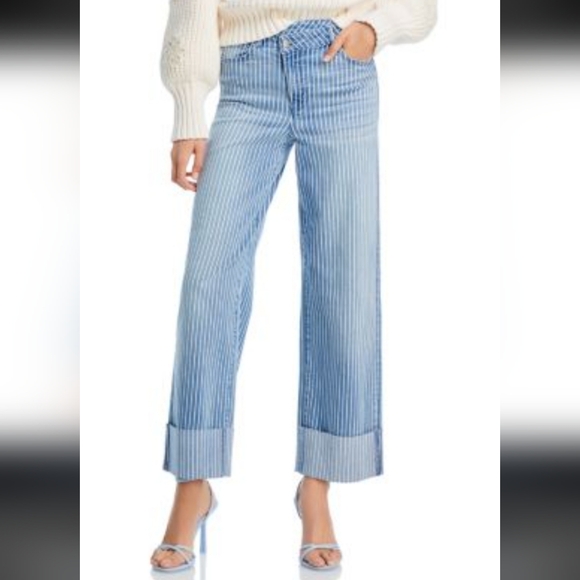 Aqua Denim - Aqua Striped Cuffed Dad Blue Striped High Waisted Denim Jeans